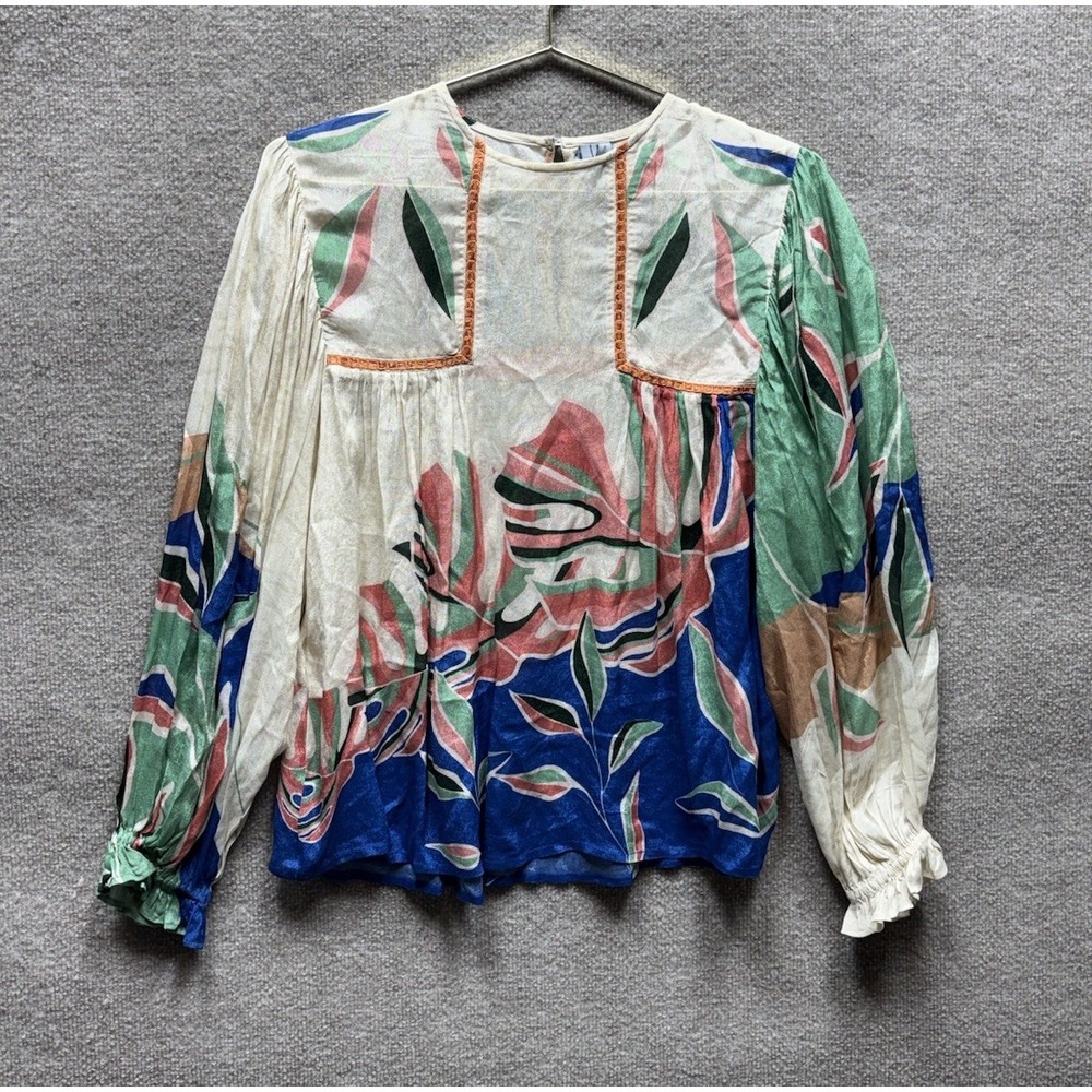 Blank London Multicolor Womens Long Sleeve Blouse Small Sheer Balloon Sleeve EUC